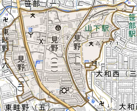 見野とその周辺の地図。町の範囲を重ねている