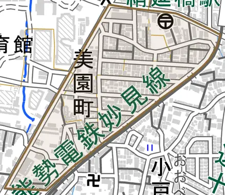 美園町とその周辺の地図。町の範囲を重ねている