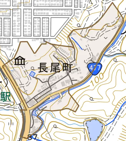 長尾町とその周辺の地図。町の範囲を重ねている