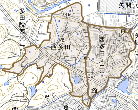 西多田とその周辺の地図。町の範囲を重ねている