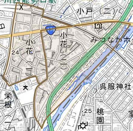 小花とその周辺の地図。町の範囲を重ねている