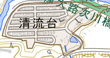 清流台とその周辺の地図。町の範囲を重ねている