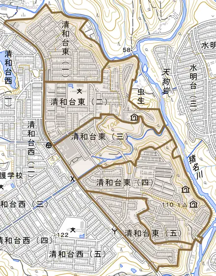 清和台東とその周辺の地図。町の範囲を重ねている