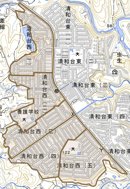 清和台西とその周辺の地図。町の範囲を重ねている