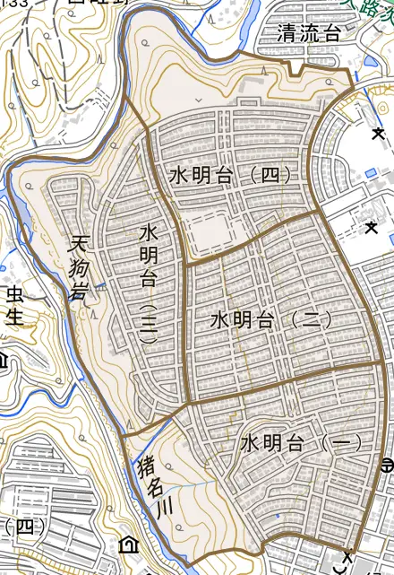 水明台とその周辺の地図。町の範囲を重ねている