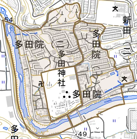 多田院とその周辺の地図。町の範囲を重ねている