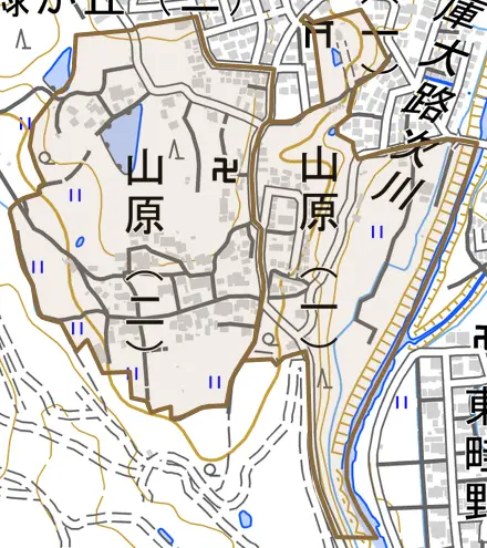 山原とその周辺の地図。町の範囲を重ねている