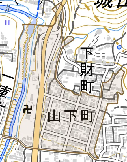 山下町とその周辺の地図。町の範囲を重ねている
