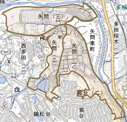 矢問とその周辺の地図。町の範囲を重ねている