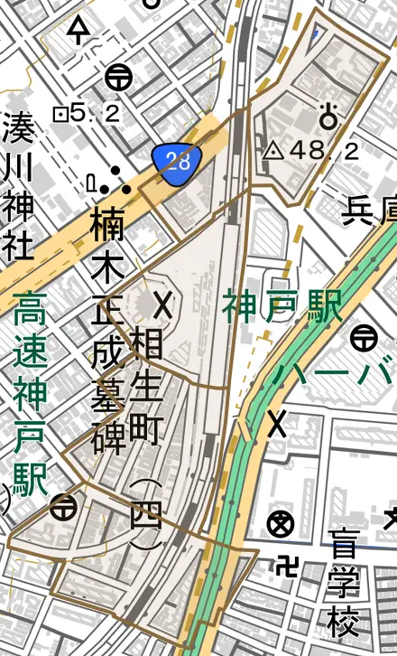 相生町とその周辺の地図。町の範囲を重ねている