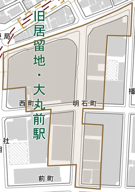 明石町とその周辺の地図。町の範囲を重ねている