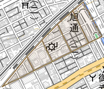 旭通とその周辺の地図。町の範囲を重ねている