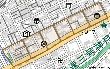 吾妻通とその周辺の地図。町の範囲を重ねている