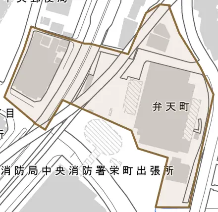 弁天町とその周辺の地図。町の範囲を重ねている