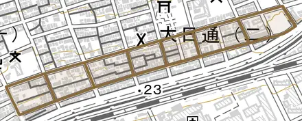 大日通とその周辺の地図。町の範囲を重ねている