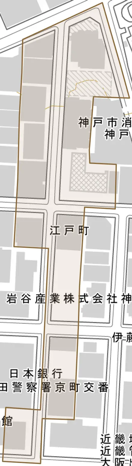 江戸町とその周辺の地図。町の範囲を重ねている