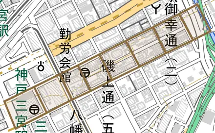 御幸通とその周辺の地図。町の範囲を重ねている