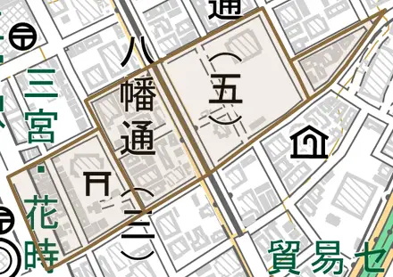 八幡通とその周辺の地図。町の範囲を重ねている