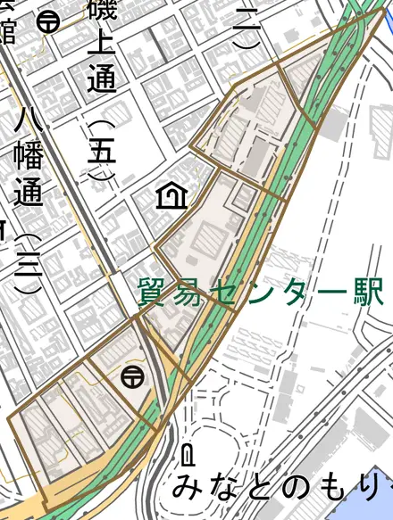 浜辺通とその周辺の地図。町の範囲を重ねている