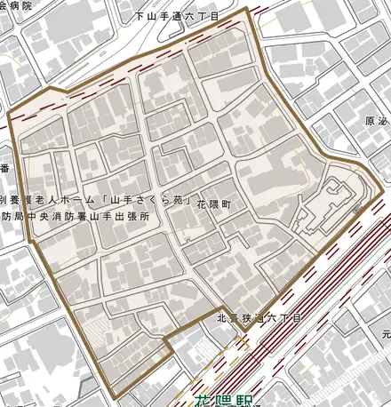 花隈町とその周辺の地図。町の範囲を重ねている