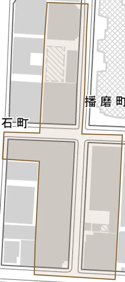 播磨町とその周辺の地図。町の範囲を重ねている
