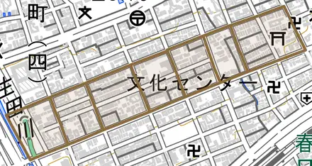 旗塚通とその周辺の地図。町の範囲を重ねている