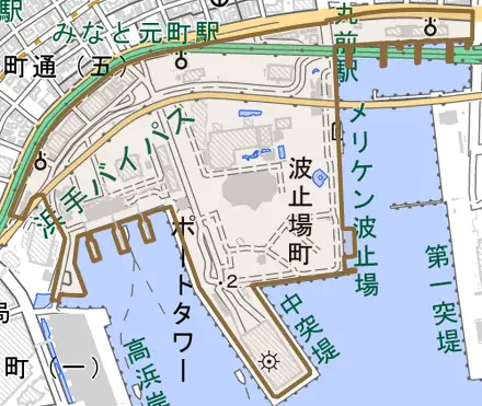 波止場町とその周辺の地図。町の範囲を重ねている