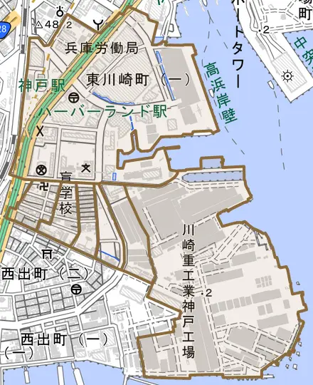 東川崎町とその周辺の地図。町の範囲を重ねている