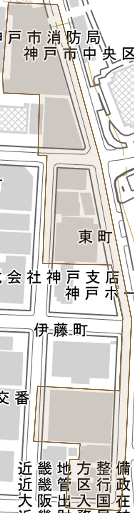 東町とその周辺の地図。町の範囲を重ねている