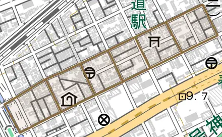 日暮通とその周辺の地図。町の範囲を重ねている
