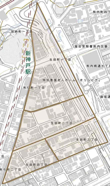 生田町とその周辺の地図。町の範囲を重ねている