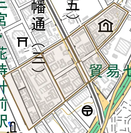 磯辺通とその周辺の地図。町の範囲を重ねている