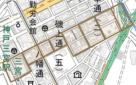 磯上通とその周辺の地図。町の範囲を重ねている