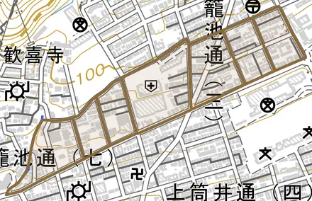 籠池通とその周辺の地図。町の範囲を重ねている