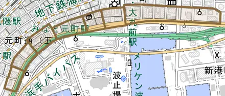 海岸通とその周辺の地図。町の範囲を重ねている