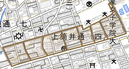 上筒井通とその周辺の地図。町の範囲を重ねている