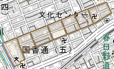 神若通とその周辺の地図。町の範囲を重ねている