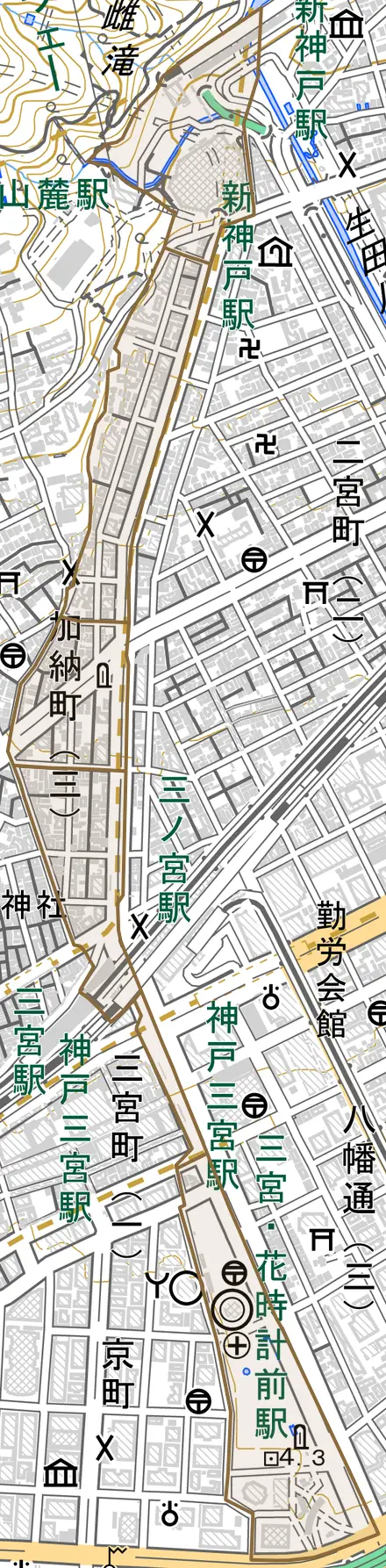 加納町とその周辺の地図。町の範囲を重ねている