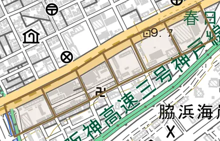 北本町通とその周辺の地図。町の範囲を重ねている