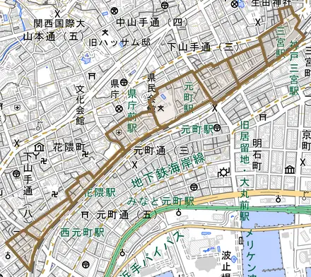 北長狭通とその周辺の地図。町の範囲を重ねている