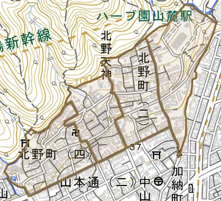 北野町とその周辺の地図。町の範囲を重ねている
