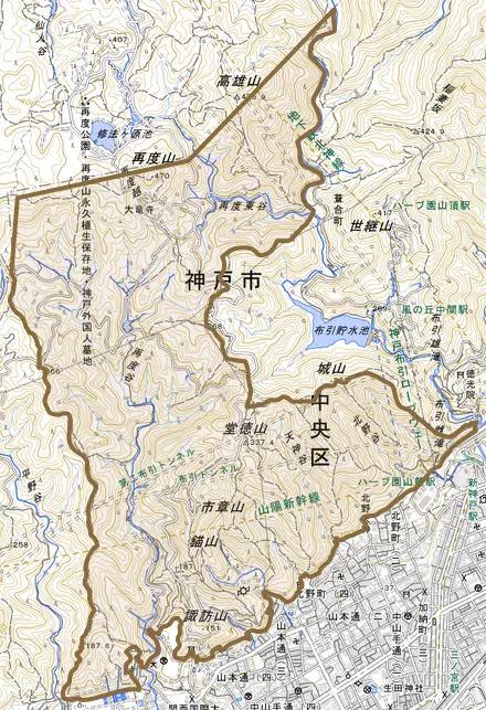 神戸港地方とその周辺の地図。町の範囲を重ねている