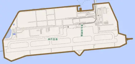 神戸空港とその周辺の地図。町の範囲を重ねている
