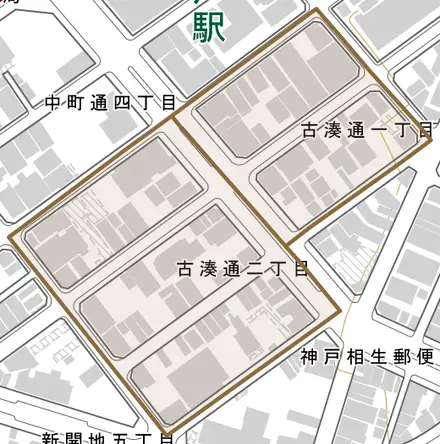 古湊通とその周辺の地図。町の範囲を重ねている