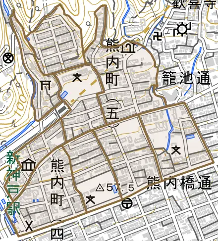 熊内町とその周辺の地図。町の範囲を重ねている