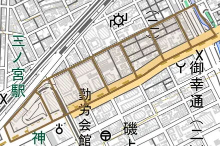 雲井通とその周辺の地図。町の範囲を重ねている