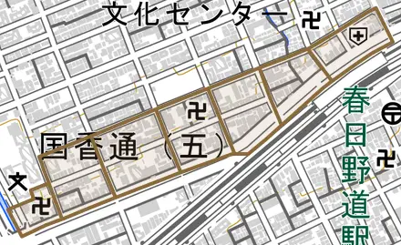 国香通とその周辺の地図。町の範囲を重ねている