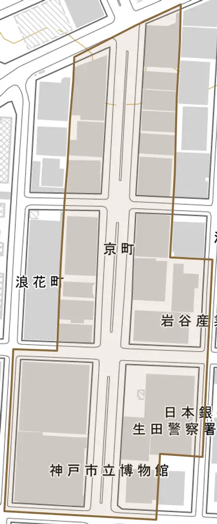 京町とその周辺の地図。町の範囲を重ねている