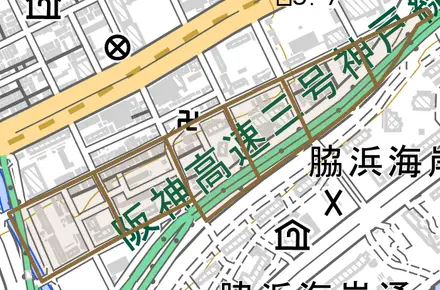 南本町通とその周辺の地図。町の範囲を重ねている