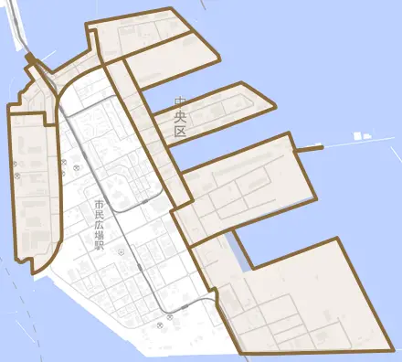 港島とその周辺の地図。町の範囲を重ねている